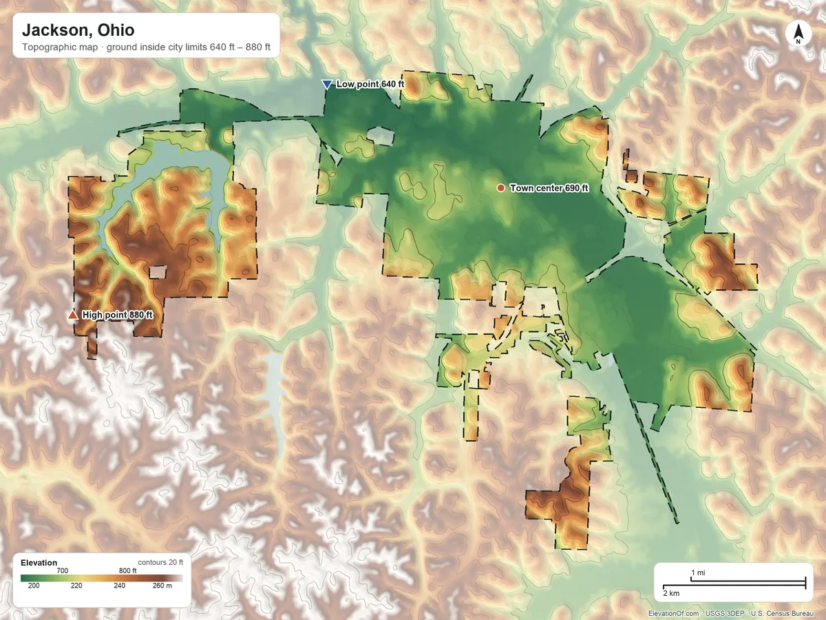 Topographic elevation map of Jackson, Ohio, shaded from 640 ft on the northwest side to 880 ft on the west side