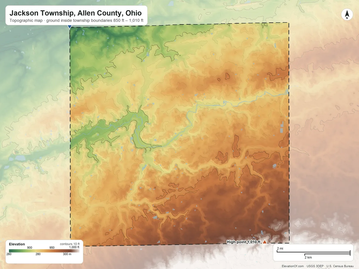 Topographic elevation map of Jackson Township, Allen County, Ohio, shaded from 850 ft on the northwest side to 1,010 ft on the southeast side