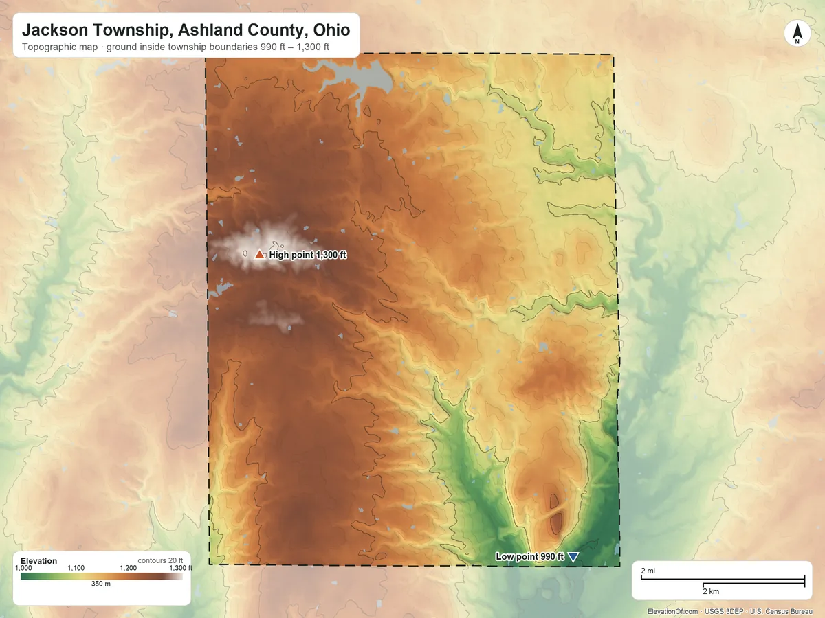 Topographic elevation map of Jackson Township, Ashland County, Ohio, shaded from 990 ft on the southeast side to 1,300 ft on the west side
