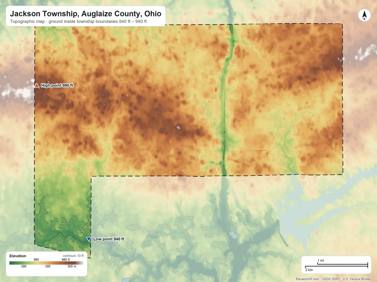 Topographic elevation map of Jackson Township, Auglaize County, Ohio, shaded from 940 ft on the southwest side to 990 ft on the west side