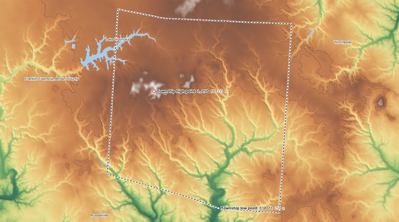 Topographic elevation map of Jackson Township, Brown County, Ohio, shaded from 830 ft on the south side to 1,090 ft on the west side