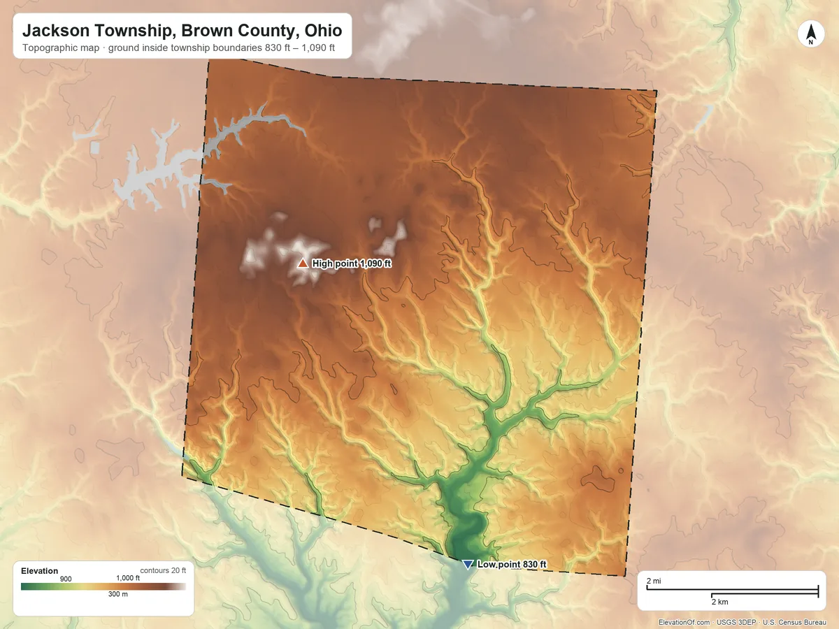 Topographic elevation map of Jackson Township, Brown County, Ohio, shaded from 830 ft on the south side to 1,090 ft on the west side