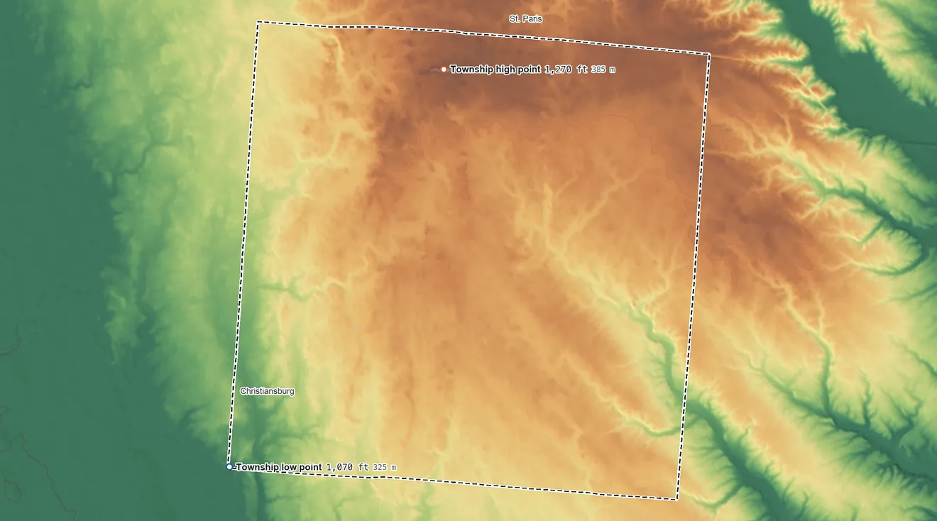 Topographic elevation map of Jackson Township, Champaign County, Ohio, shaded from 1,070 ft on the southwest side to 1,270 ft on the north side