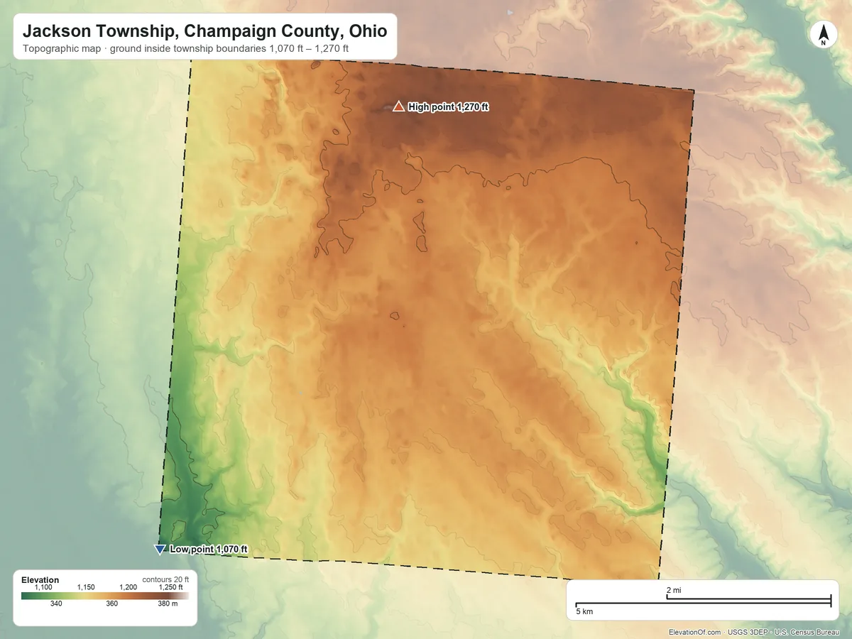 Topographic elevation map of Jackson Township, Champaign County, Ohio, shaded from 1,070 ft on the southwest side to 1,270 ft on the north side