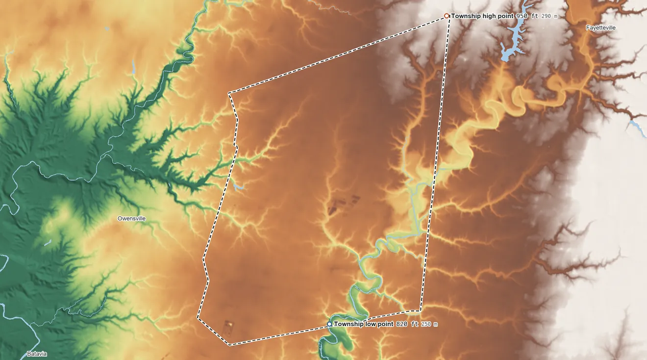 Topographic elevation map of Jackson Township, Clermont County, Ohio, shaded from 820 ft on the south side to 950 ft on the northeast side