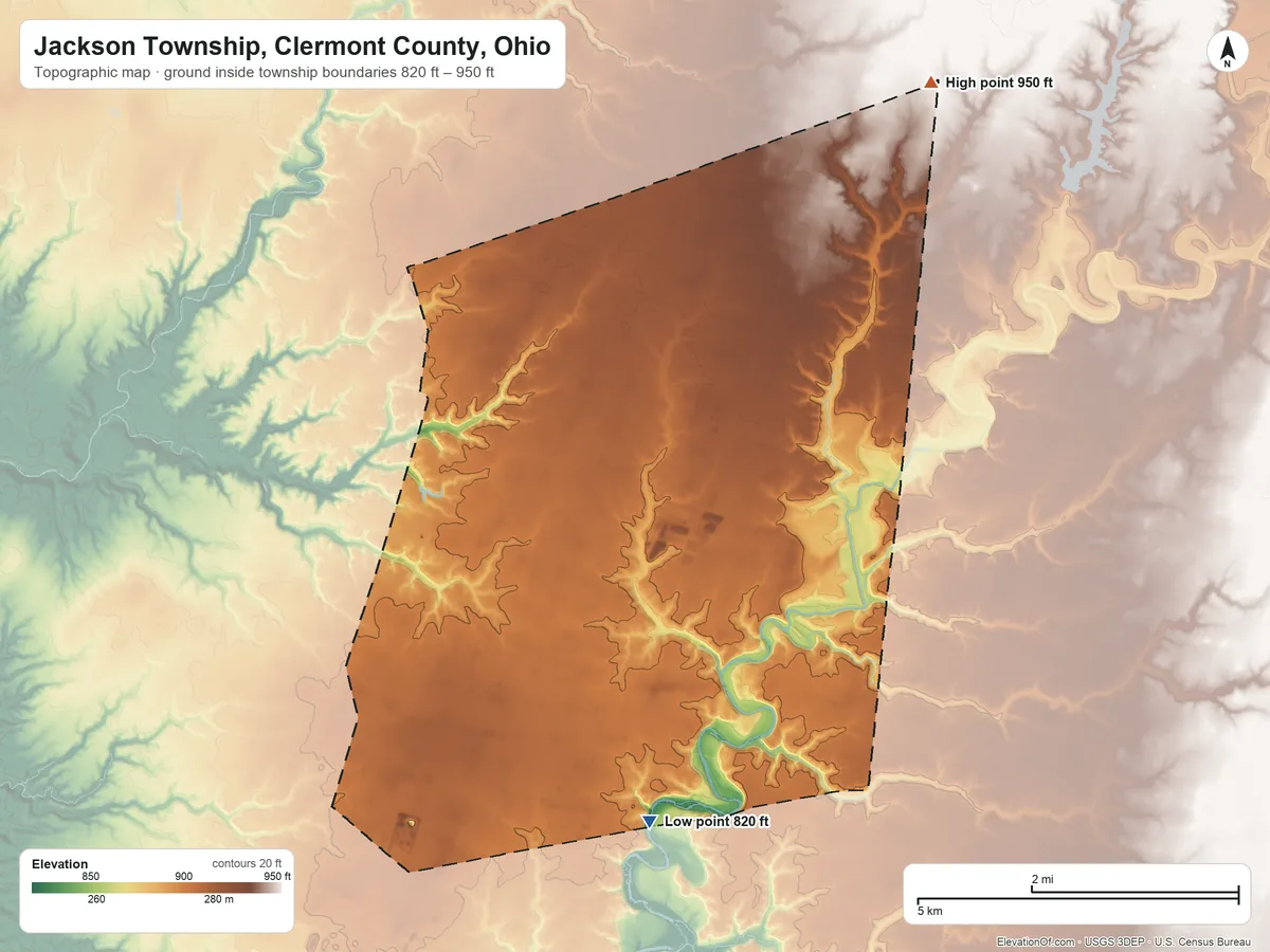 Topographic elevation map of Jackson Township, Clermont County, Ohio, shaded from 820 ft on the south side to 950 ft on the northeast side