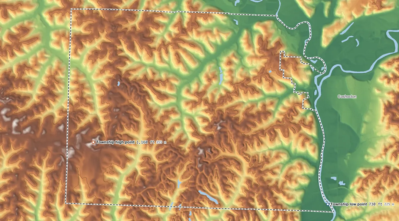 Topographic elevation map of Jackson Township, Coshocton County, Ohio, shaded from 730 ft on the southeast side to 1,160 ft on the southwest side