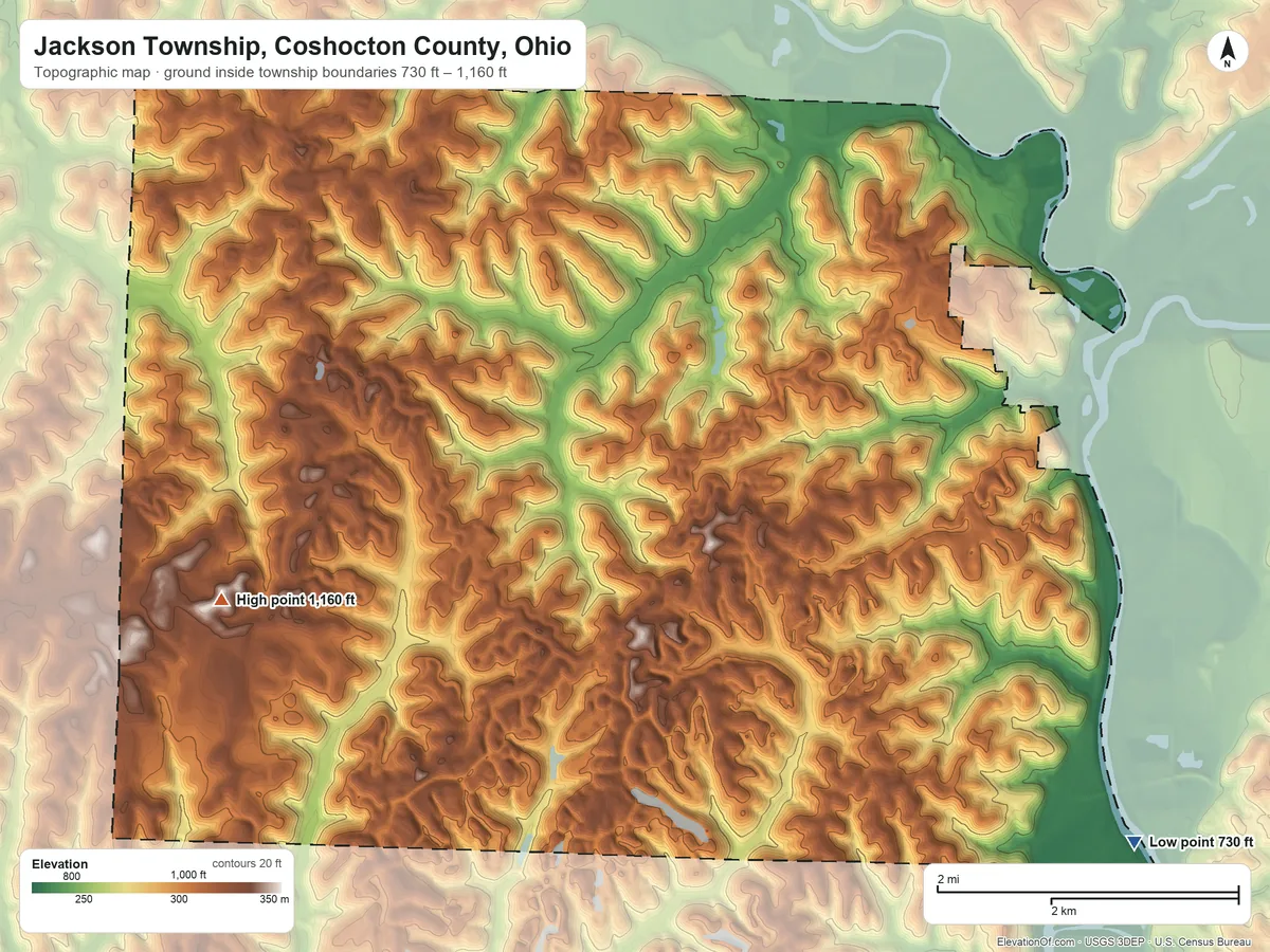 Topographic elevation map of Jackson Township, Coshocton County, Ohio, shaded from 730 ft on the southeast side to 1,160 ft on the southwest side