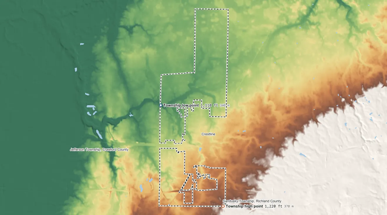 Topographic elevation map of Jackson Township, Crawford County, Ohio, shaded from 1,110 ft on the west side to 1,220 ft on the south side