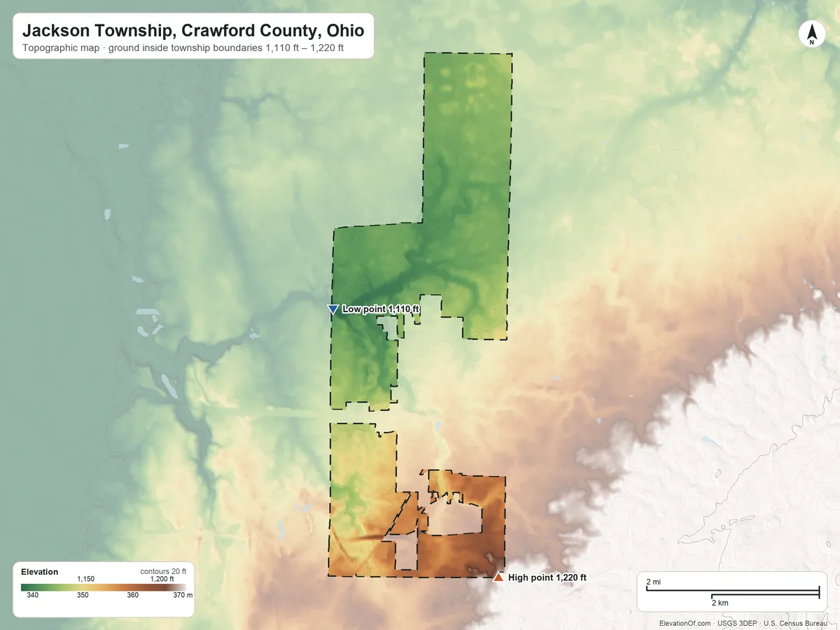 Topographic elevation map of Jackson Township, Crawford County, Ohio, shaded from 1,110 ft on the west side to 1,220 ft on the south side