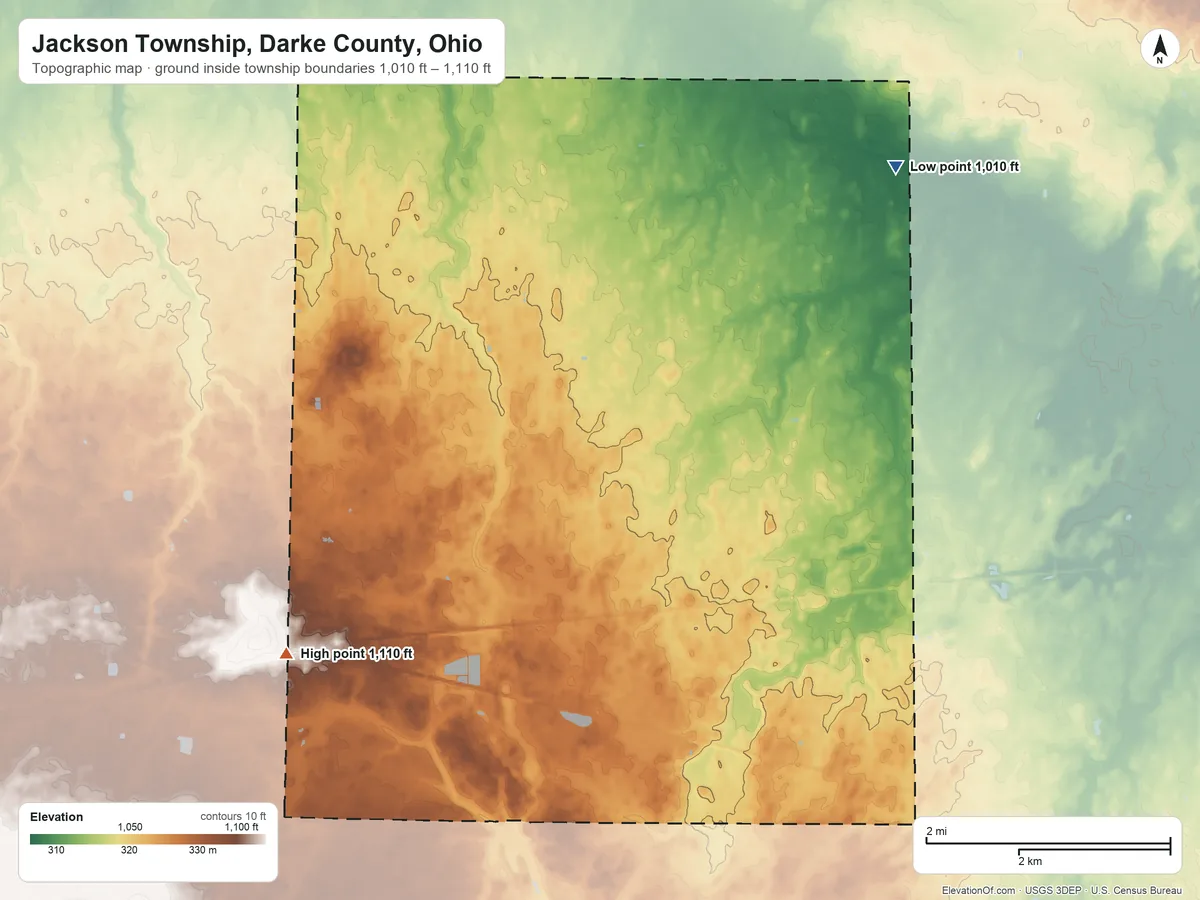 Topographic elevation map of Jackson Township, Darke County, Ohio, shaded from 1,010 ft on the northeast side to 1,110 ft on the west side