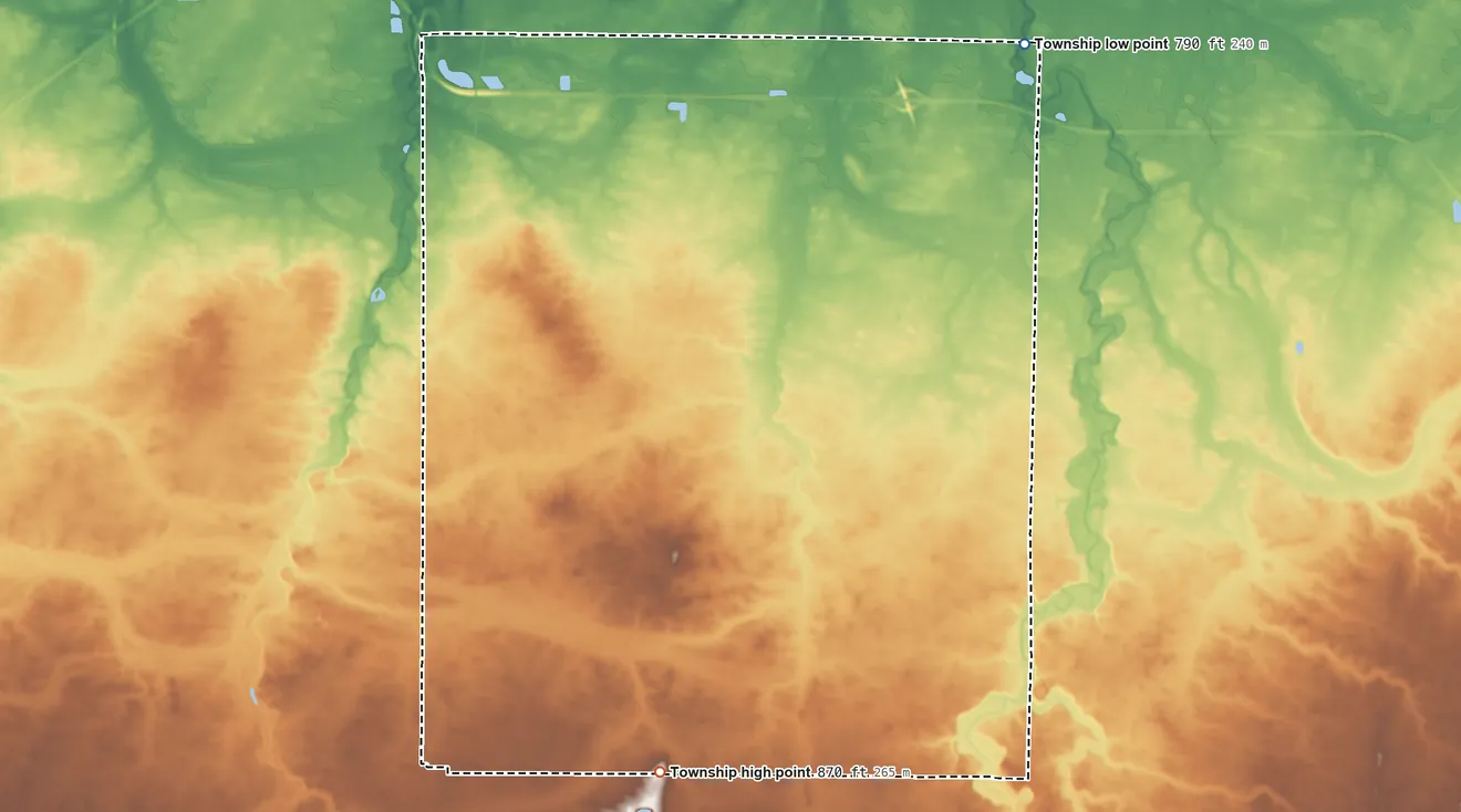 Topographic elevation map of Jackson Township, Hancock County, Ohio, shaded from 790 ft on the northeast side to 870 ft on the south side