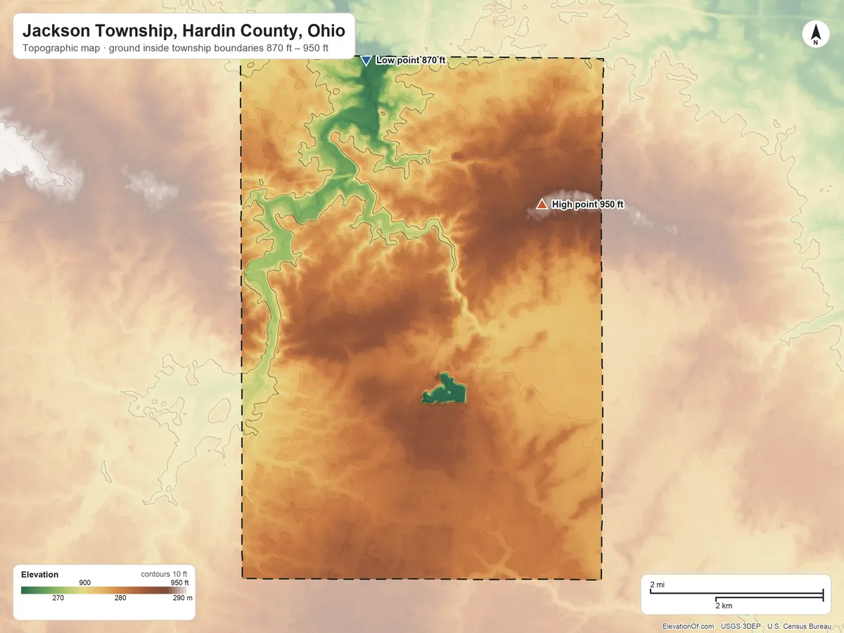 Topographic elevation map of Jackson Township, Hardin County, Ohio, shaded from 870 ft on the northwest side to 950 ft near the middle