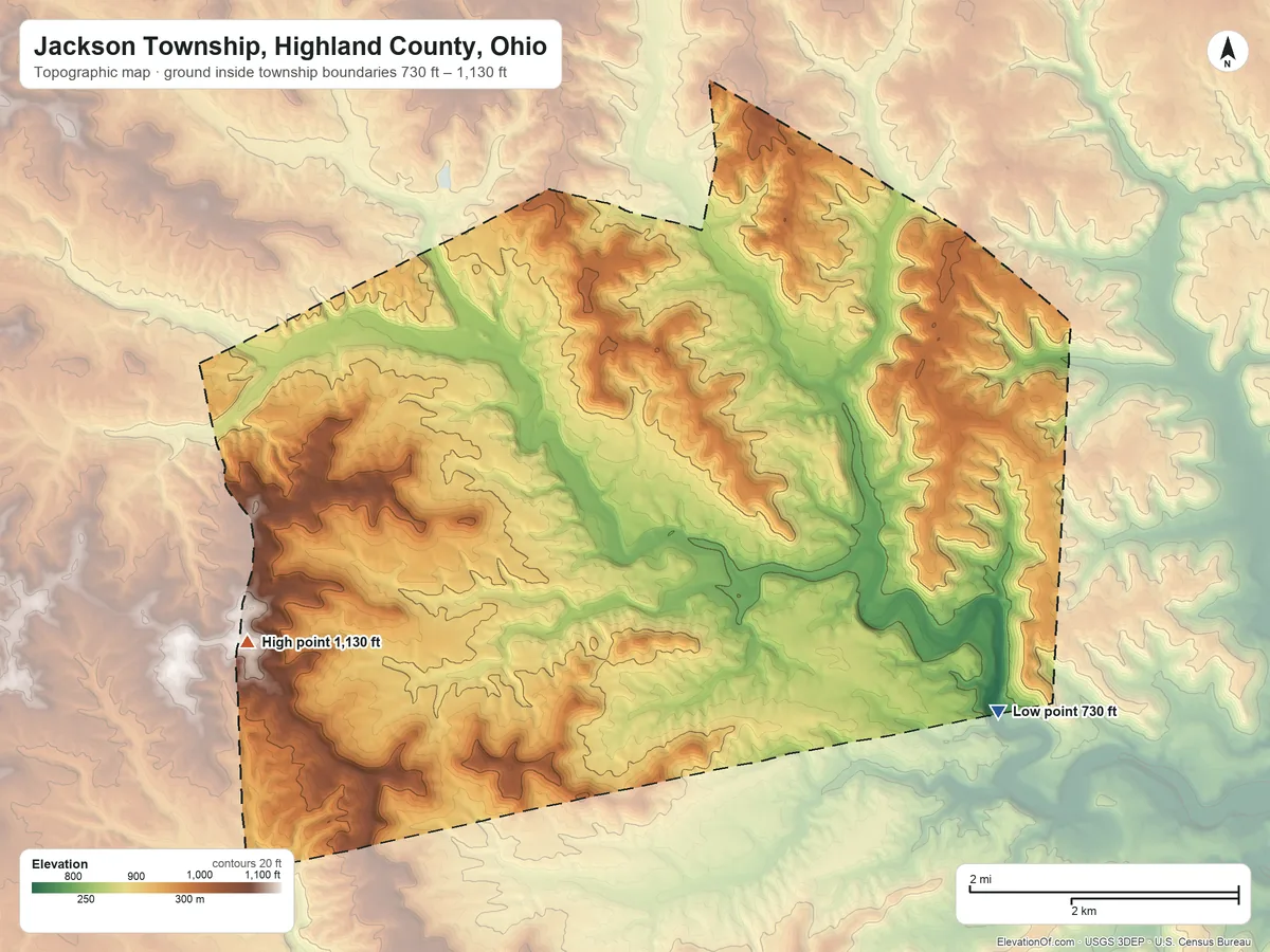 Topographic elevation map of Jackson Township, Highland County, Ohio, shaded from 730 ft on the southeast side to 1,130 ft on the west side