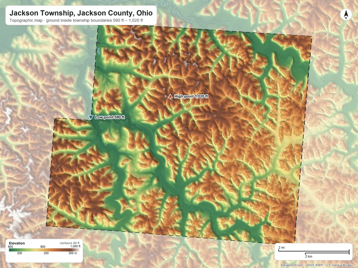 Topographic elevation map of Jackson Township, Jackson County, Ohio, shaded from 590 ft on the west side to 1,020 ft near the middle