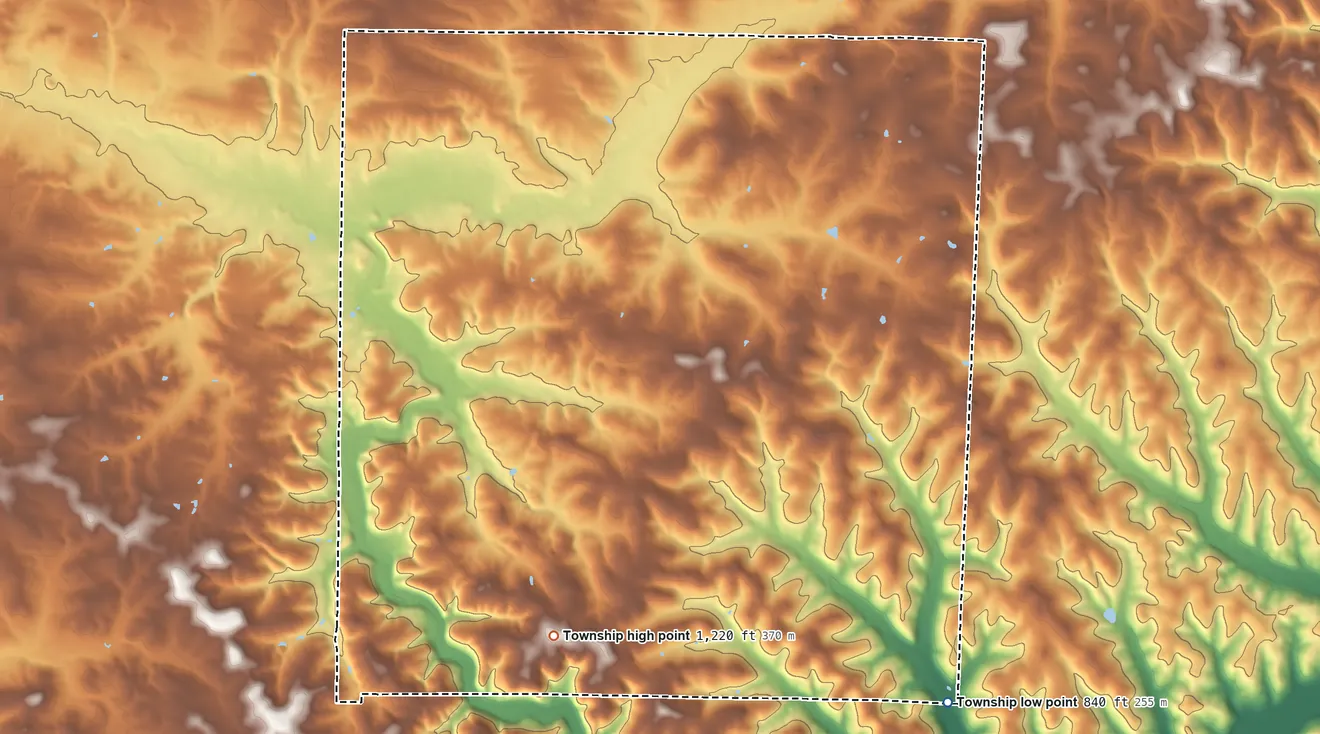 Topographic elevation map of Jackson Township, Knox County, Ohio, shaded from 840 ft on the southeast side to 1,220 ft on the southwest side