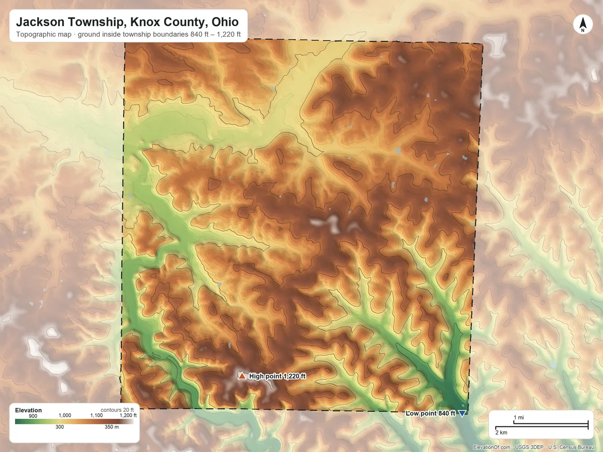 Topographic elevation map of Jackson Township, Knox County, Ohio, shaded from 840 ft on the southeast side to 1,220 ft on the southwest side