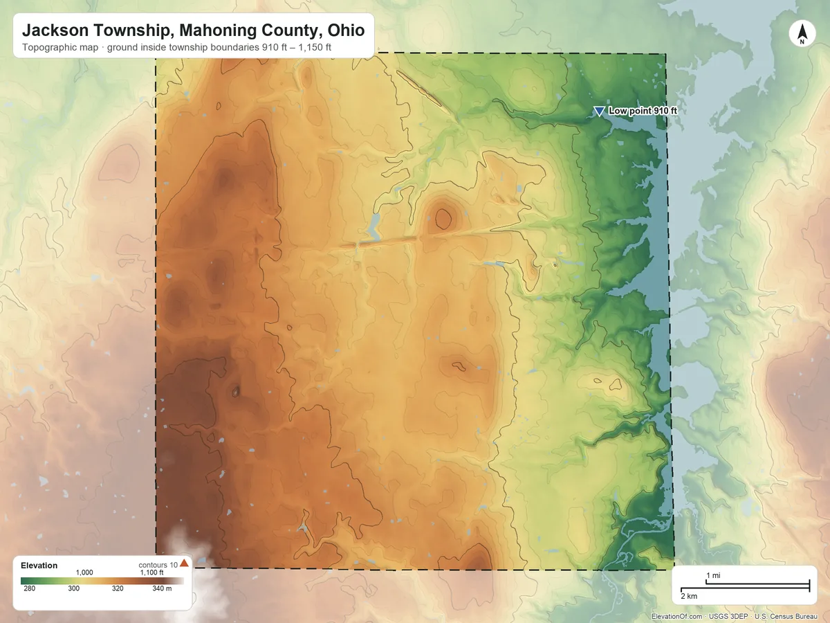 Topographic elevation map of Jackson Township, Mahoning County, Ohio, shaded from 910 ft on the northeast side to 1,150 ft on the southwest side