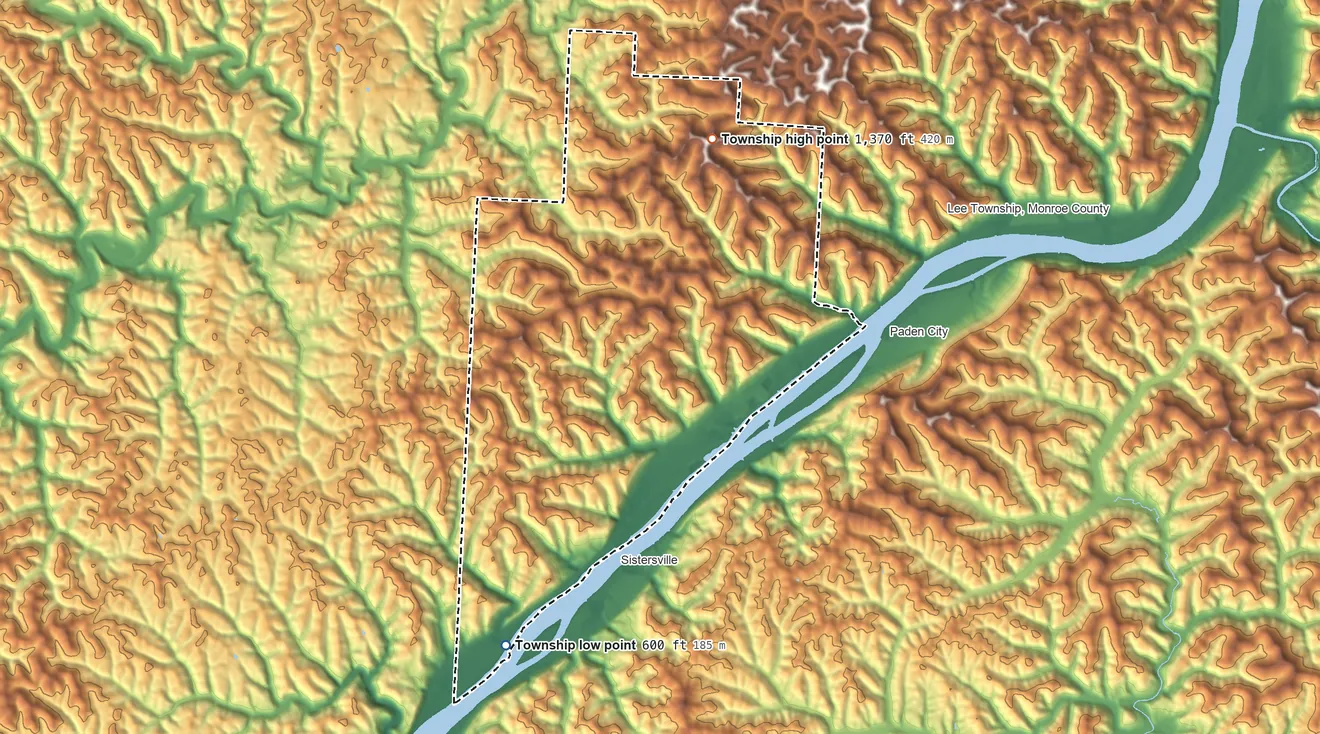 Topographic elevation map of Jackson Township, Monroe County, Ohio, shaded from 600 ft on the south side to 1,370 ft on the northeast side