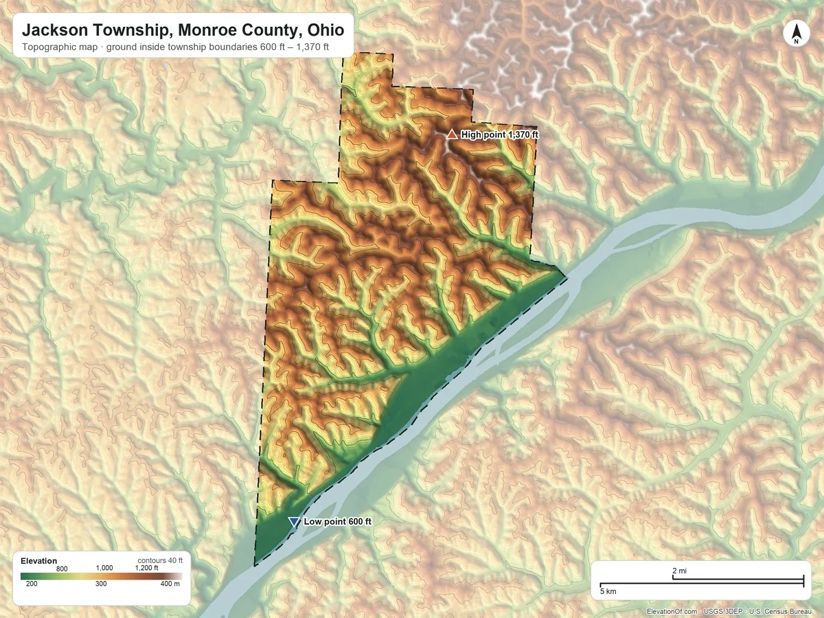 Topographic elevation map of Jackson Township, Monroe County, Ohio, shaded from 600 ft on the south side to 1,370 ft on the northeast side