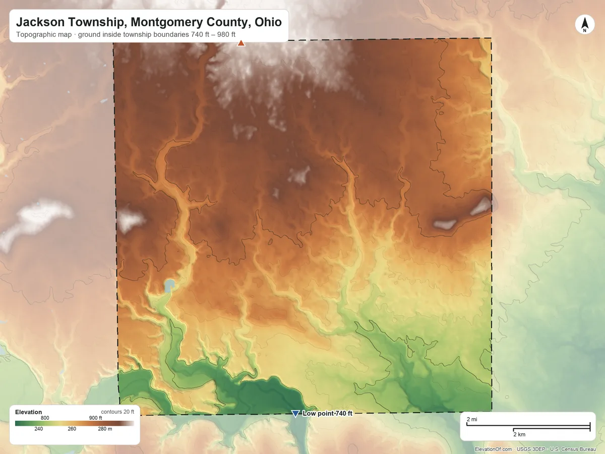 Topographic elevation map of Jackson Township, Montgomery County, Ohio, shaded from 740 ft on the south side to 980 ft on the northwest side
