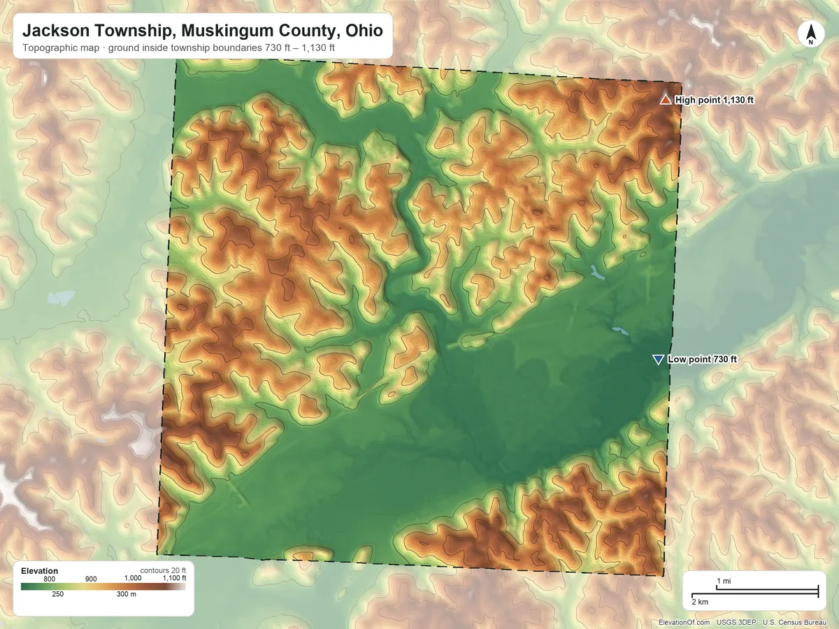 Topographic elevation map of Jackson Township, Muskingum County, Ohio, shaded from 730 ft on the east side to 1,130 ft on the northeast side
