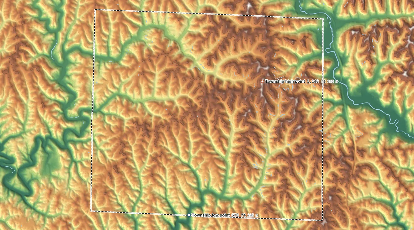 Topographic elevation map of Jackson Township, Noble County, Ohio, shaded from 670 ft on the south side to 1,140 ft on the east side