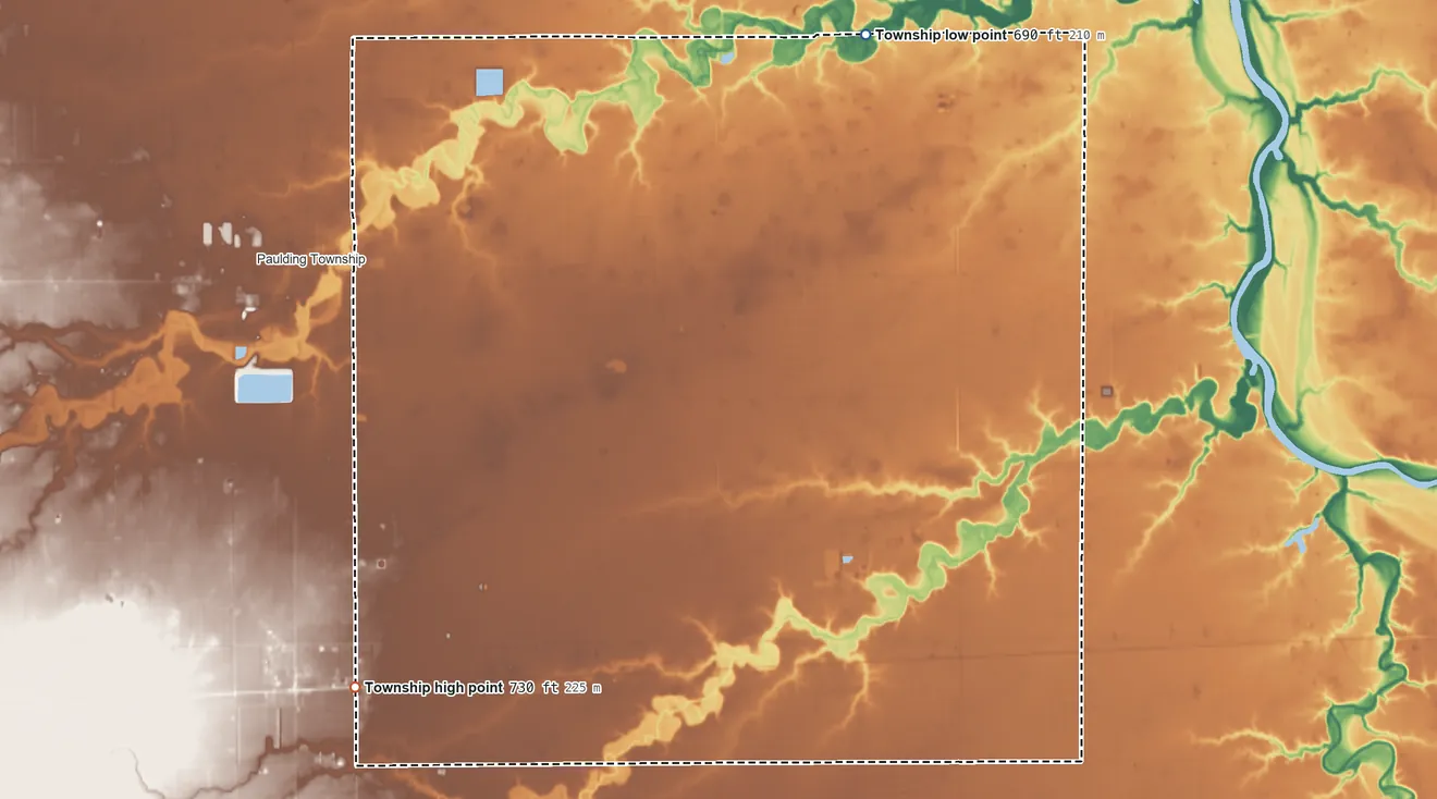 Topographic elevation map of Jackson Township, Paulding County, Ohio, shaded from 690 ft on the northeast side to 730 ft on the southwest side