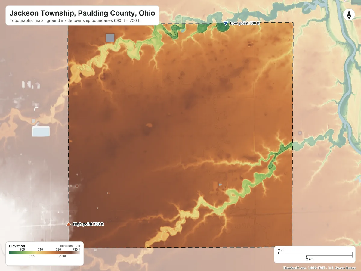 Topographic elevation map of Jackson Township, Paulding County, Ohio, shaded from 690 ft on the northeast side to 730 ft on the southwest side