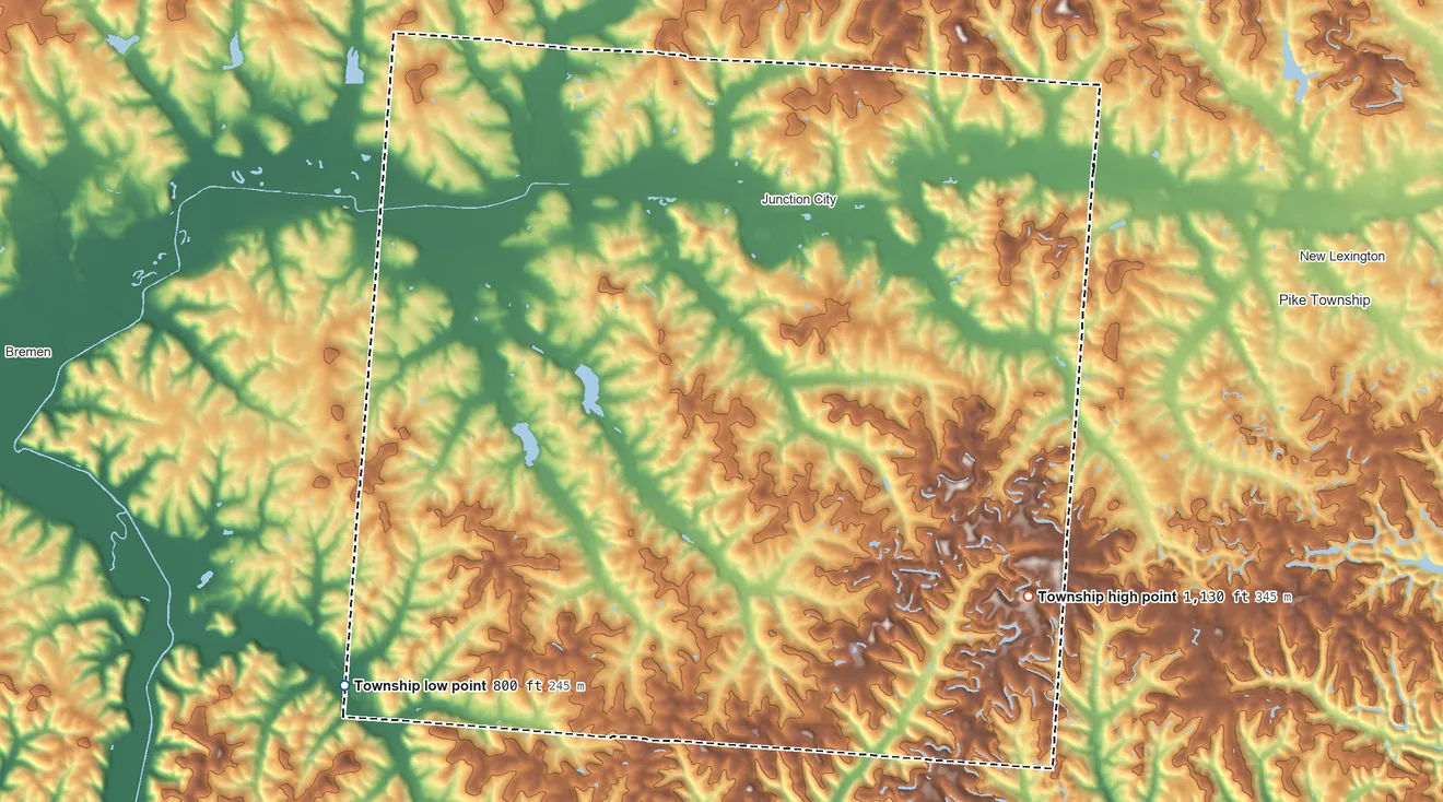 Topographic elevation map of Jackson Township, Perry County, Ohio, shaded from 800 ft on the southwest side to 1,130 ft on the southeast side