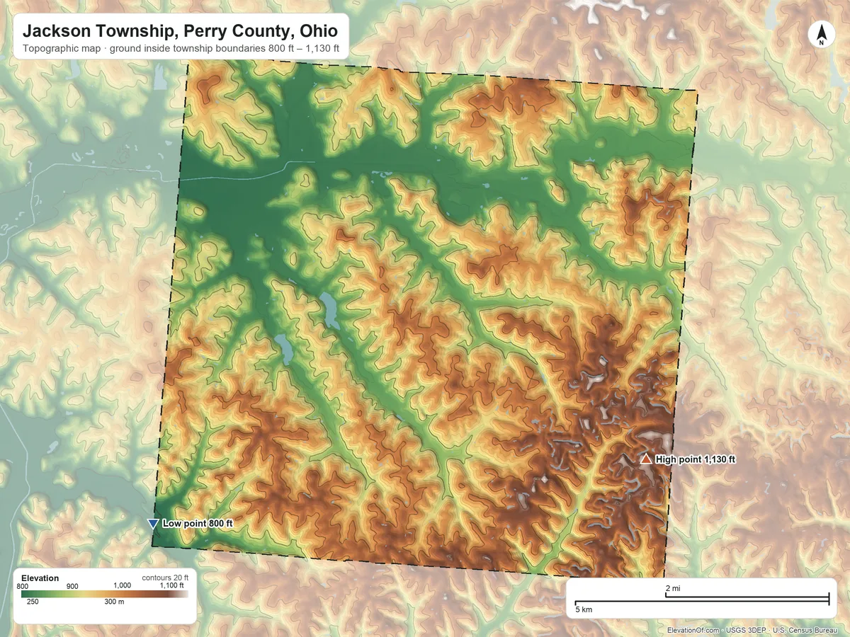 Topographic elevation map of Jackson Township, Perry County, Ohio, shaded from 800 ft on the southwest side to 1,130 ft on the southeast side