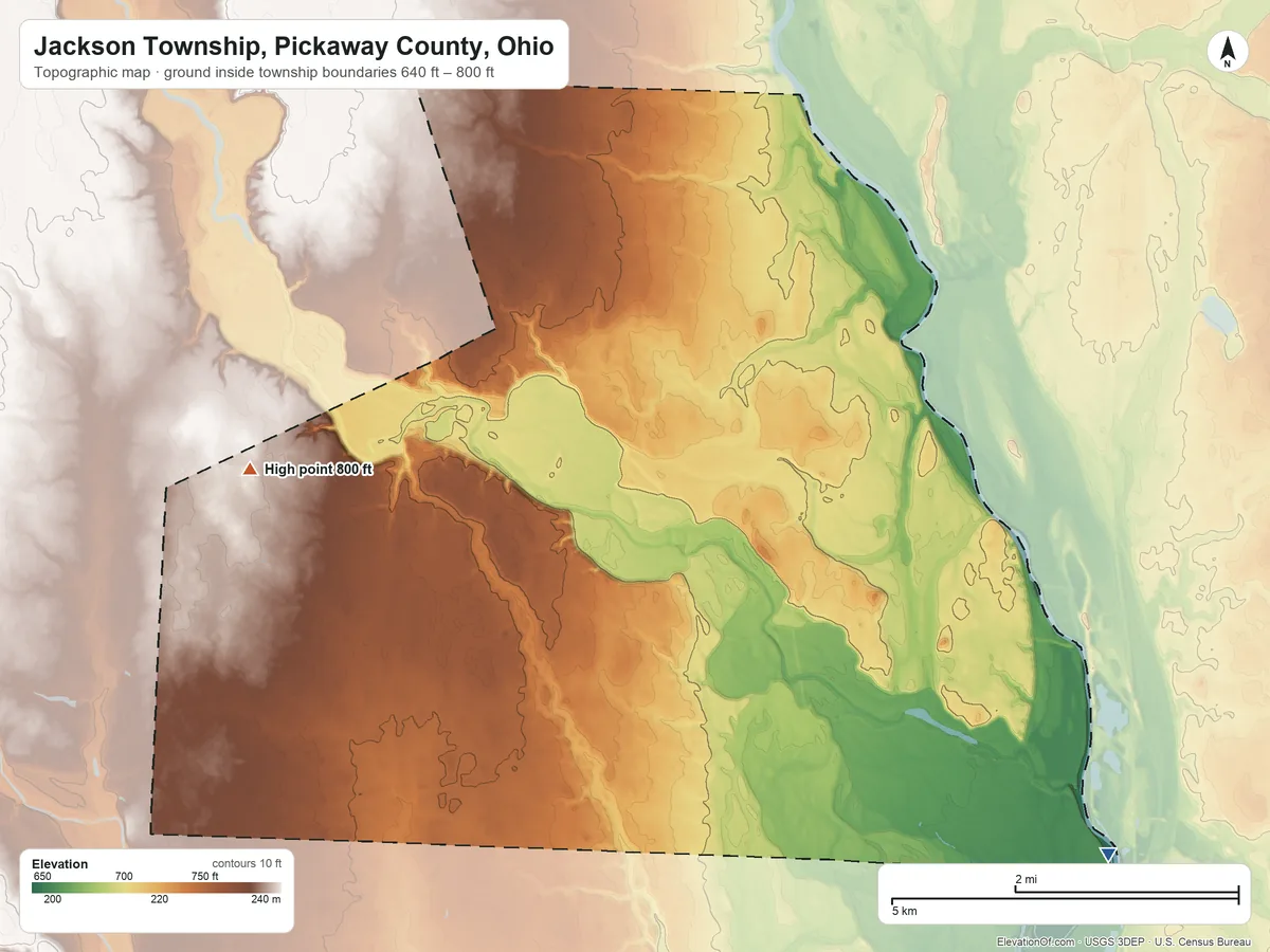 Topographic elevation map of Jackson Township, Pickaway County, Ohio, shaded from 640 ft on the southeast side to 800 ft on the west side