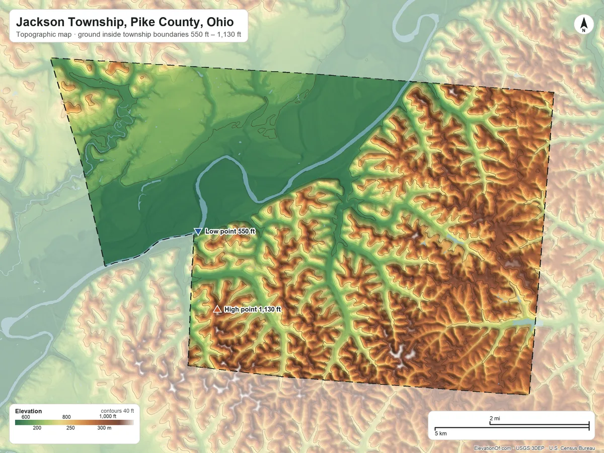Topographic elevation map of Jackson Township, Pike County, Ohio, shaded from 550 ft on the west side to 1,130 ft on the southwest side