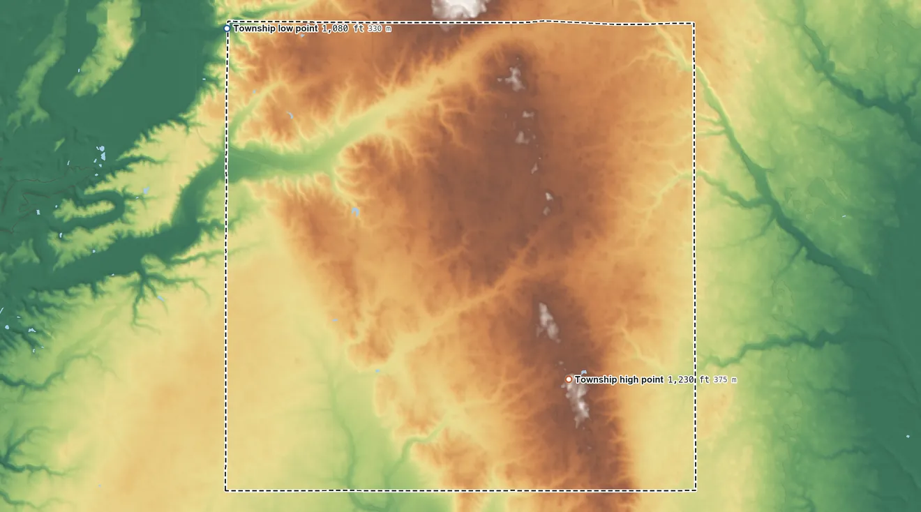 Topographic elevation map of Jackson Township, Preble County, Ohio, shaded from 1,080 ft on the northwest side to 1,230 ft on the southeast side