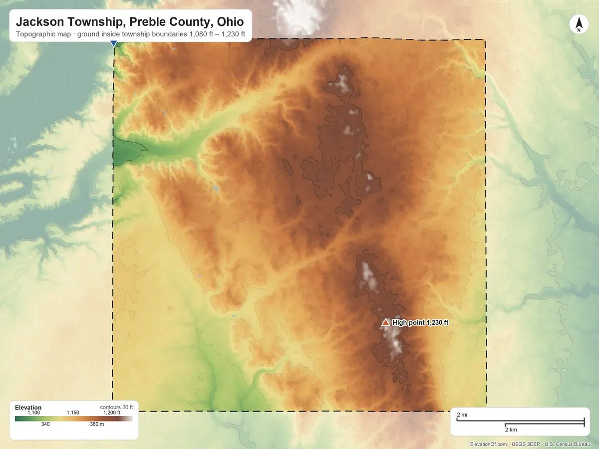 Topographic elevation map of Jackson Township, Preble County, Ohio, shaded from 1,080 ft on the northwest side to 1,230 ft on the southeast side