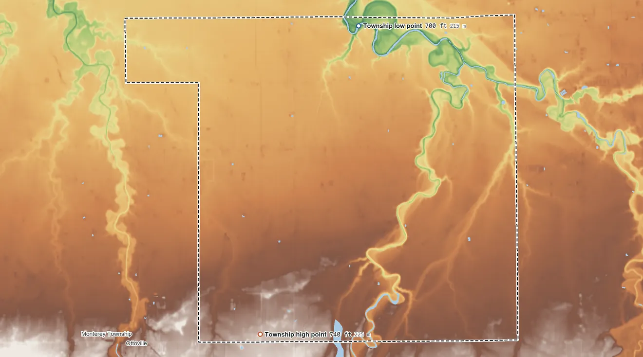 Topographic elevation map of Jackson Township, Putnam County, Ohio, shaded from 700 ft on the north side to 740 ft on the southwest side