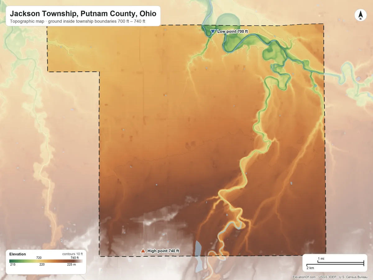 Topographic elevation map of Jackson Township, Putnam County, Ohio, shaded from 700 ft on the north side to 740 ft on the southwest side