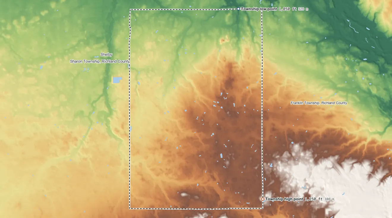 Topographic elevation map of Jackson Township, Richland County, Ohio, shaded from 1,050 ft on the northeast side to 1,250 ft on the southeast side
