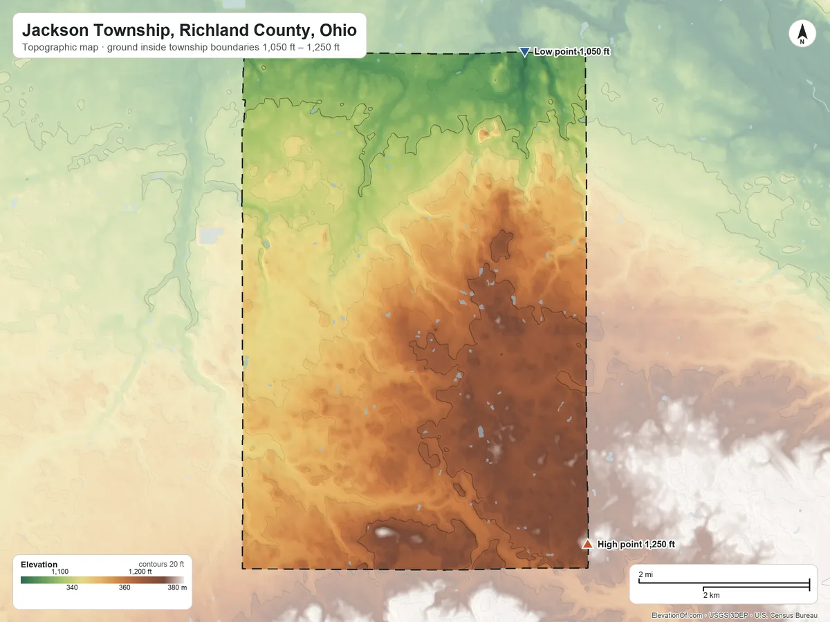 Topographic elevation map of Jackson Township, Richland County, Ohio, shaded from 1,050 ft on the northeast side to 1,250 ft on the southeast side