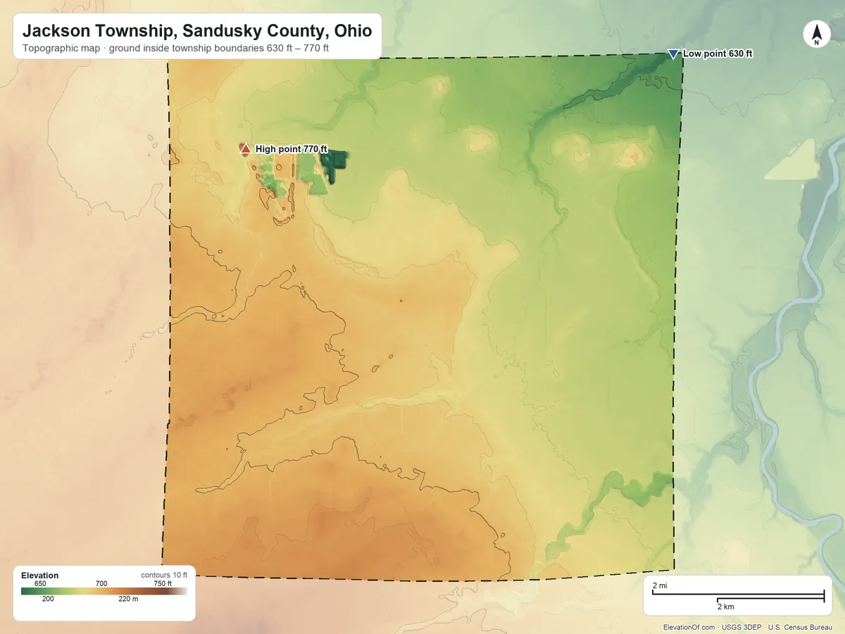 Topographic elevation map of Jackson Township, Sandusky County, Ohio, shaded from 630 ft on the northeast side to 770 ft on the northwest side