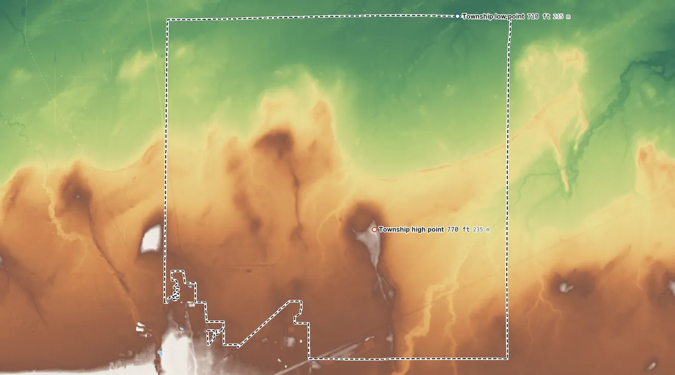 Topographic elevation map of Jackson Township, Seneca County, Ohio, shaded from 710 ft on the northeast side to 770 ft on the southeast side