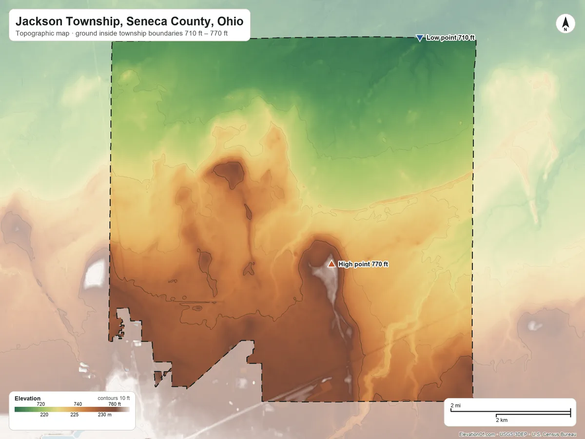 Topographic elevation map of Jackson Township, Seneca County, Ohio, shaded from 710 ft on the northeast side to 770 ft on the southeast side