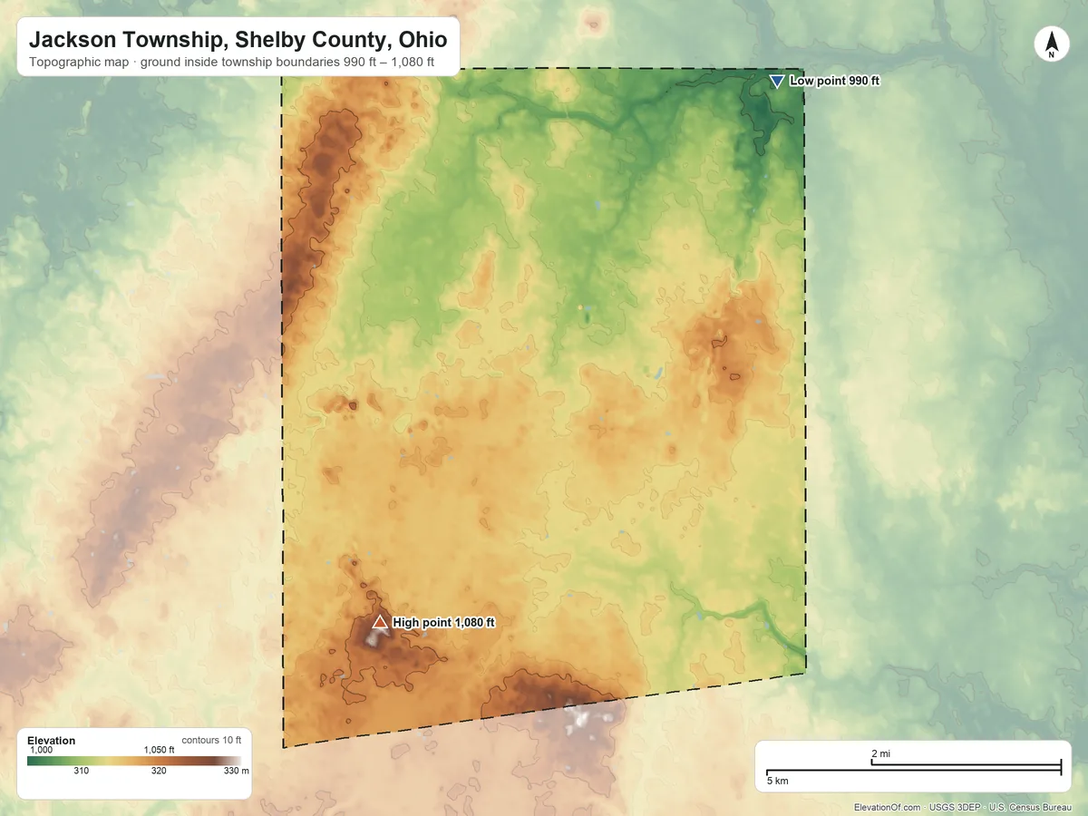 Topographic elevation map of Jackson Township, Shelby County, Ohio, shaded from 990 ft on the northeast side to 1,080 ft on the southwest side