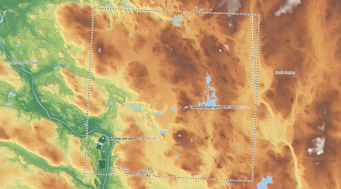 Topographic elevation map of Jackson Township, Stark County, Ohio, shaded from 910 ft on the southwest side to 1,230 ft near the middle