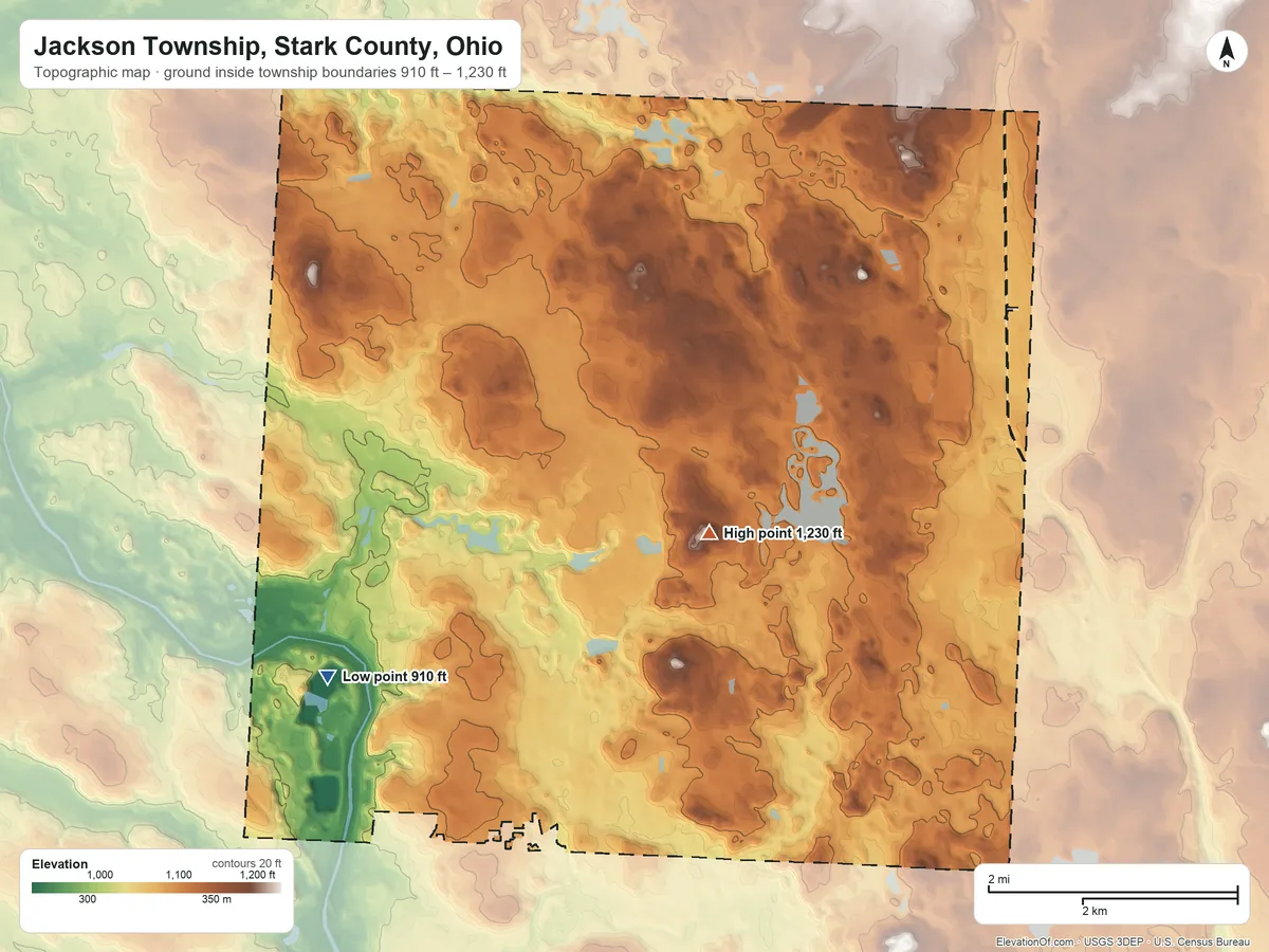 Topographic elevation map of Jackson Township, Stark County, Ohio, shaded from 910 ft on the southwest side to 1,230 ft near the middle