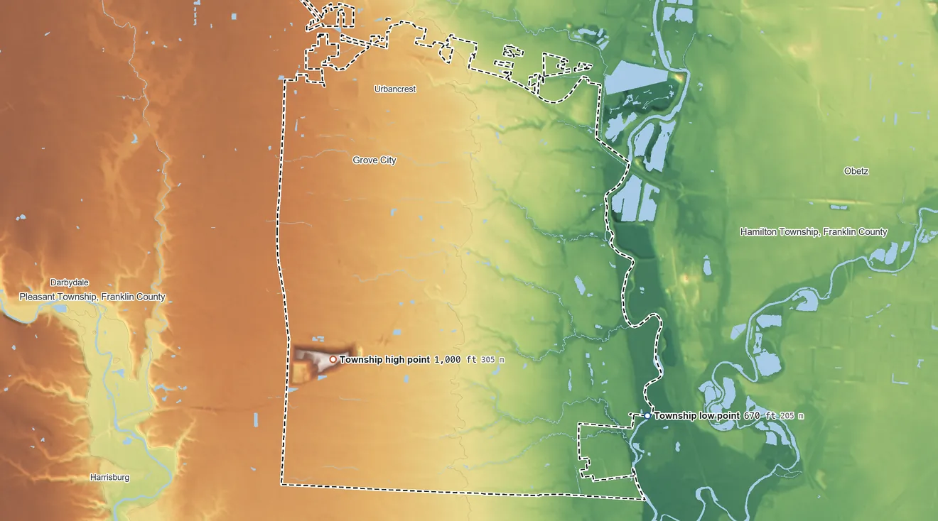 Topographic elevation map of Jackson Township, Ohio, shaded from 670 ft on the southeast side to 1,000 ft on the southwest side