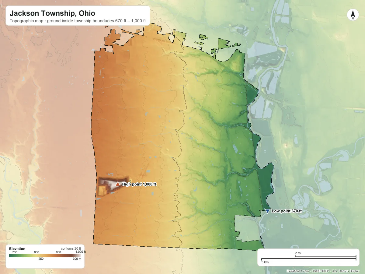 Topographic elevation map of Jackson Township, Ohio, shaded from 670 ft on the southeast side to 1,000 ft on the southwest side