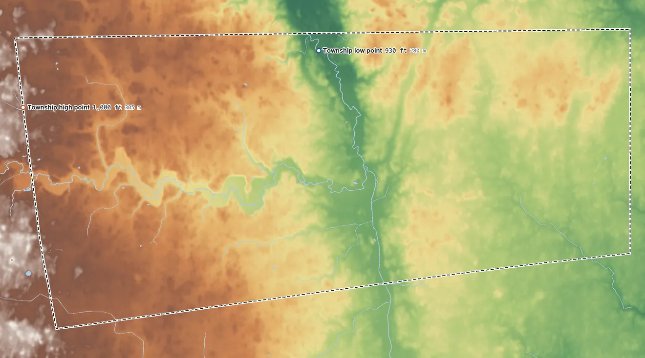 Topographic elevation map of Jackson Township, Union County, Ohio, shaded from 930 ft on the northeast side to 1,000 ft on the west side