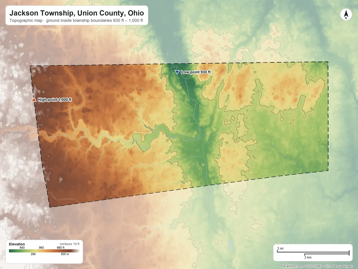 Topographic elevation map of Jackson Township, Union County, Ohio, shaded from 930 ft on the northeast side to 1,000 ft on the west side