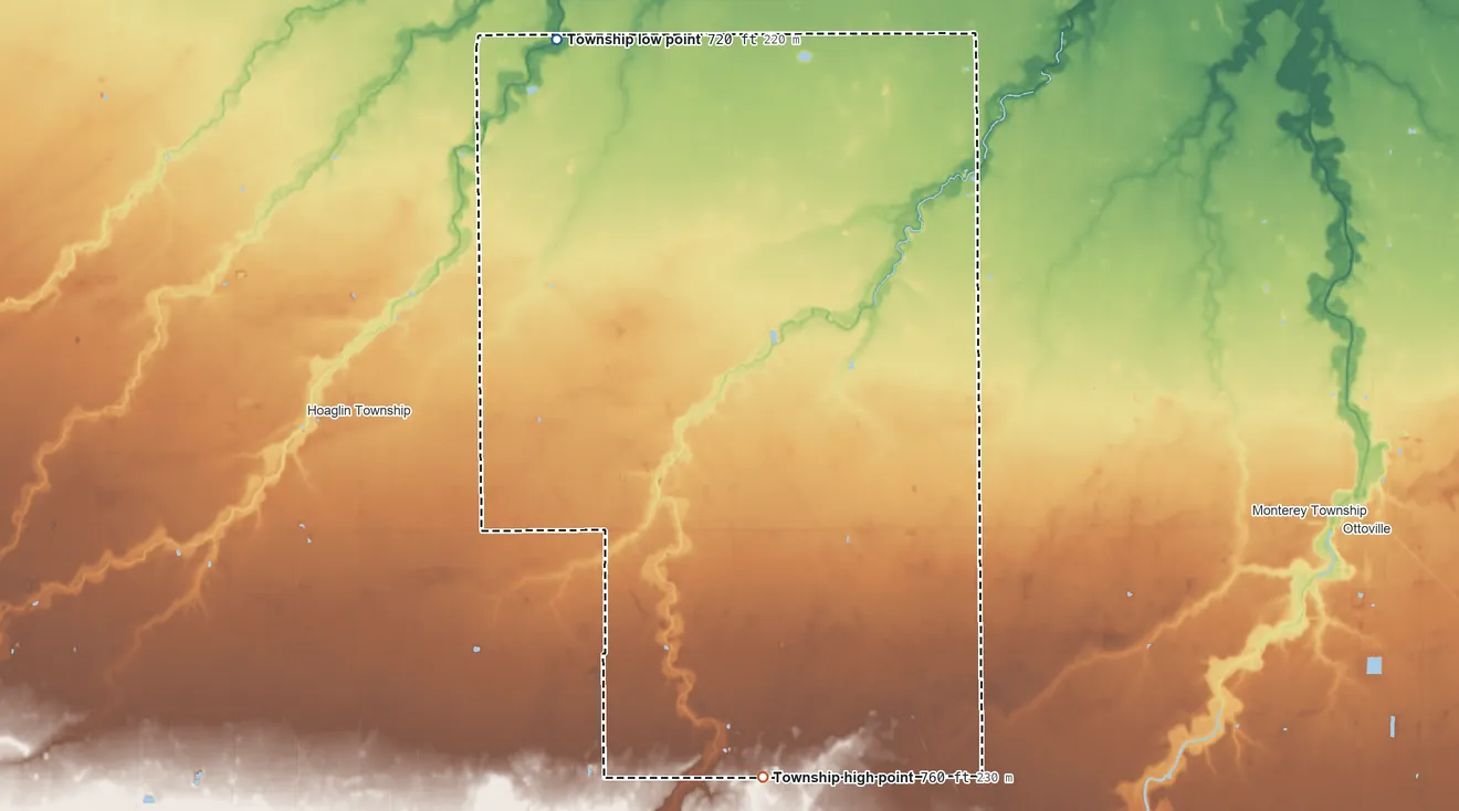 Topographic elevation map of Jackson Township, Van Wert County, Ohio, shaded from 720 ft on the northwest side to 760 ft on the south side